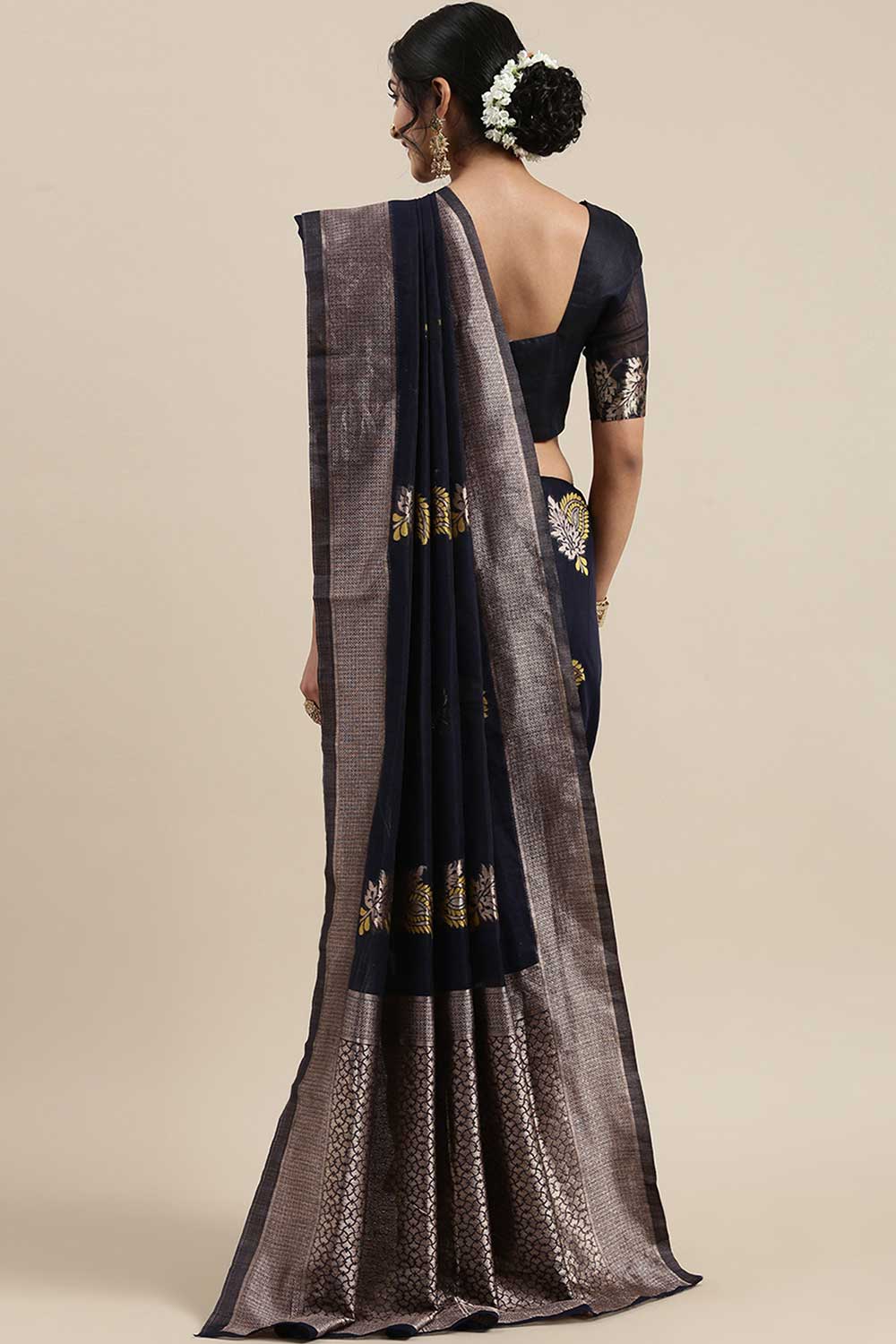 Linen Floral Woven Saree In Navy Blue