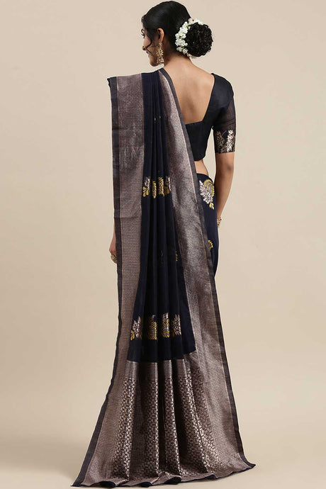 Linen Floral Woven Saree In Navy Blue