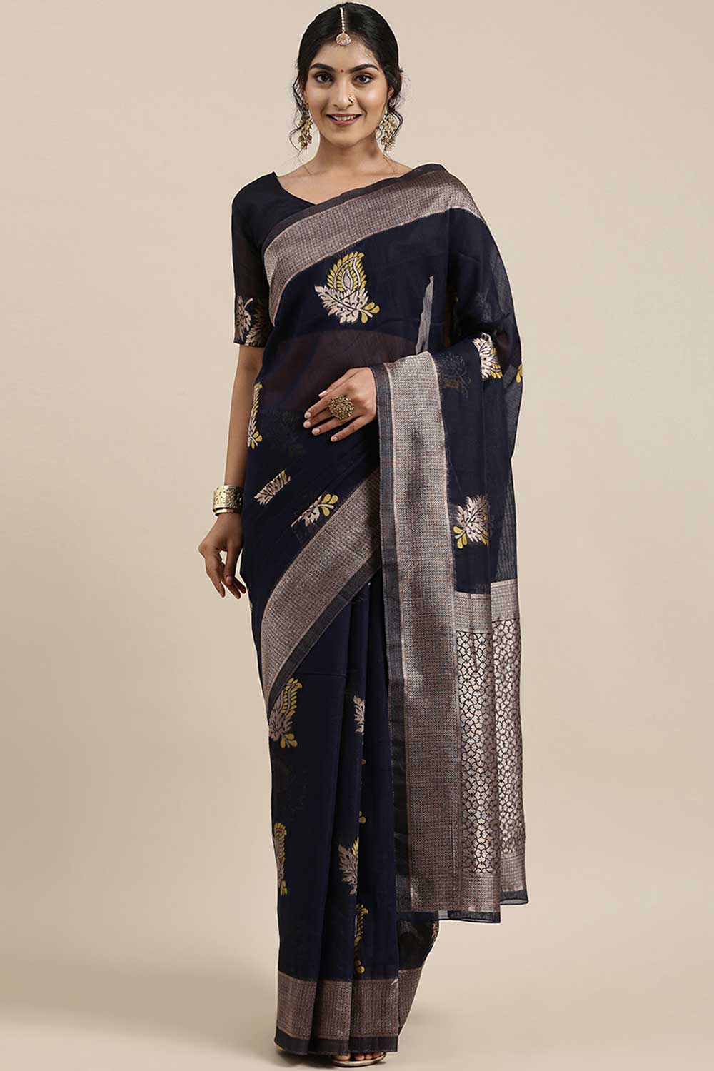 Linen Floral Woven Saree In Navy Blue