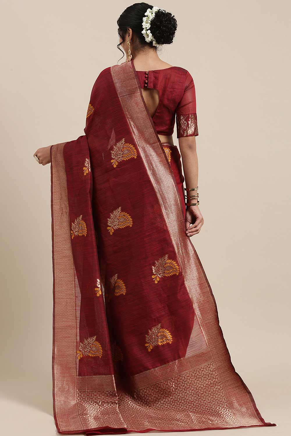 Linen Floral Woven Saree In Maroon