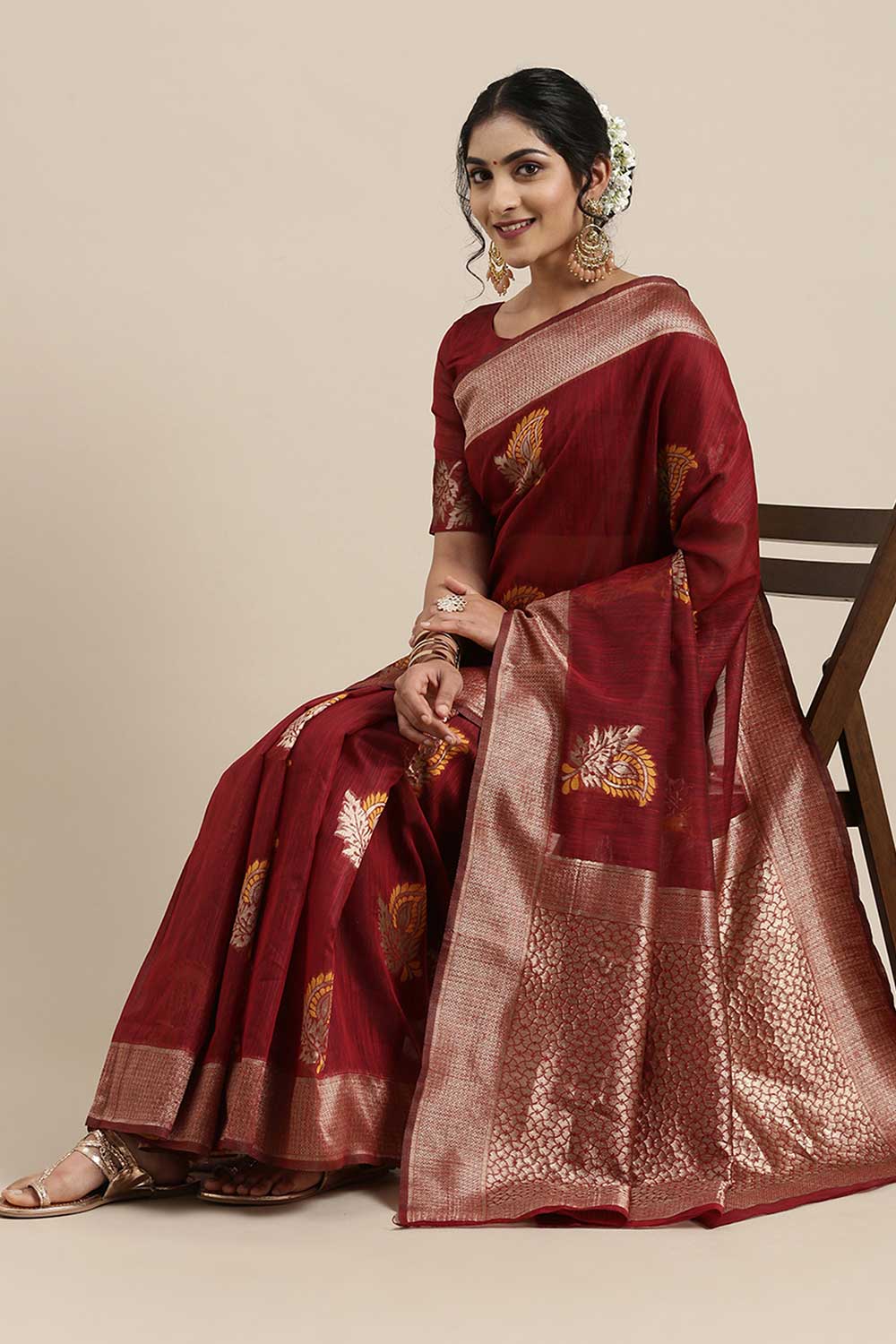 Linen Floral Woven Saree In Maroon