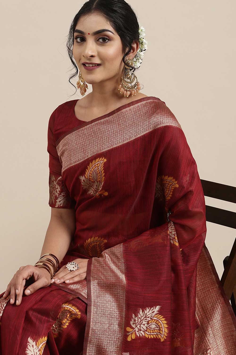 Linen Floral Woven Saree In Maroon