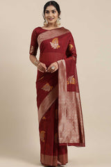 Linen Floral Woven Saree In Maroon