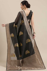 Linen Floral Woven Saree In Grey