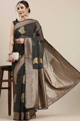 Linen Floral Woven Saree In Grey