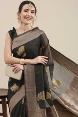 Linen Floral Woven Saree In Grey