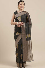 Linen Floral Woven Saree In Grey