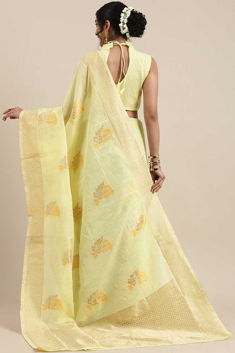 Linen Floral Woven Saree In Yellow