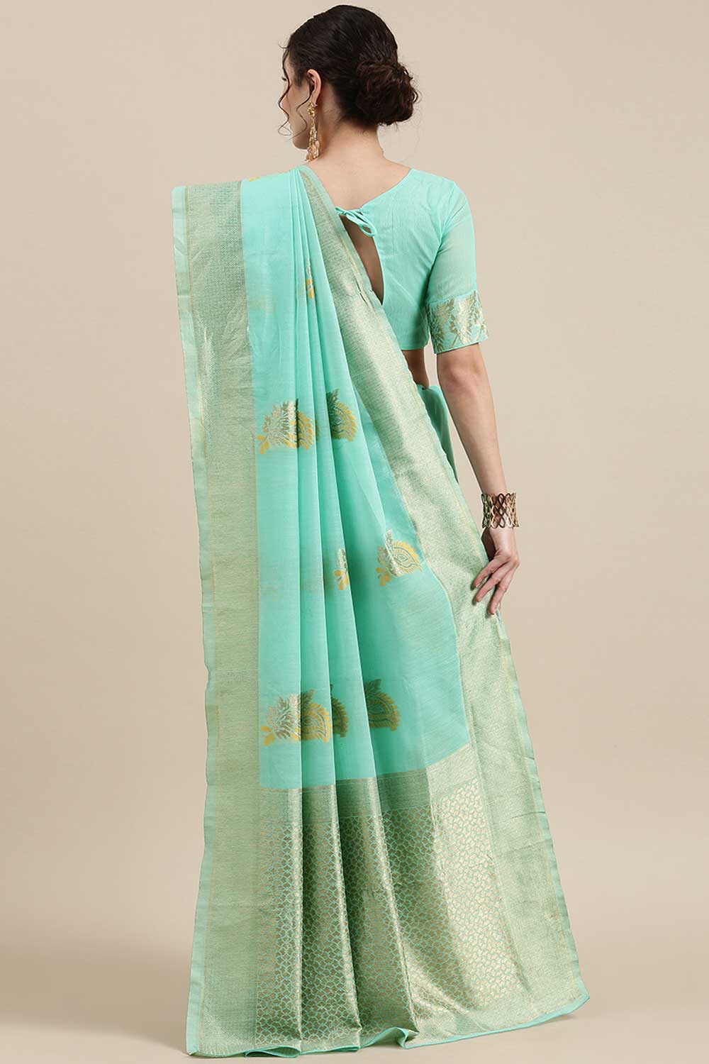 Linen Floral Woven Saree In Sea Green