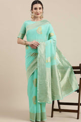 Linen Floral Woven Saree In Sea Green