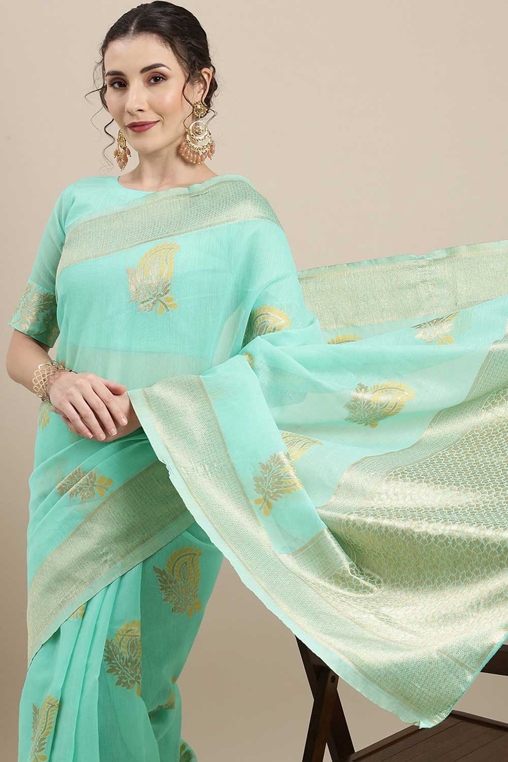 Linen Floral Woven Saree In Sea Green