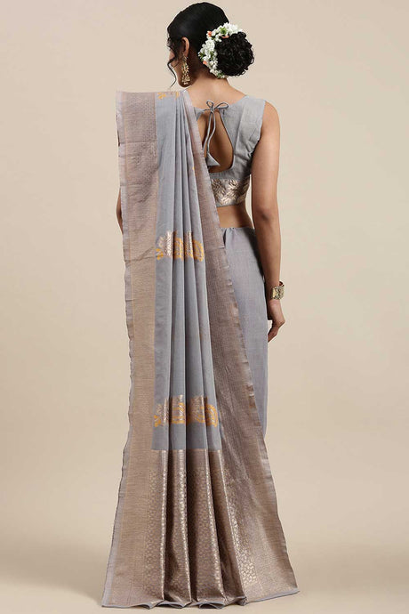 Linen Floral Woven Saree In Grey