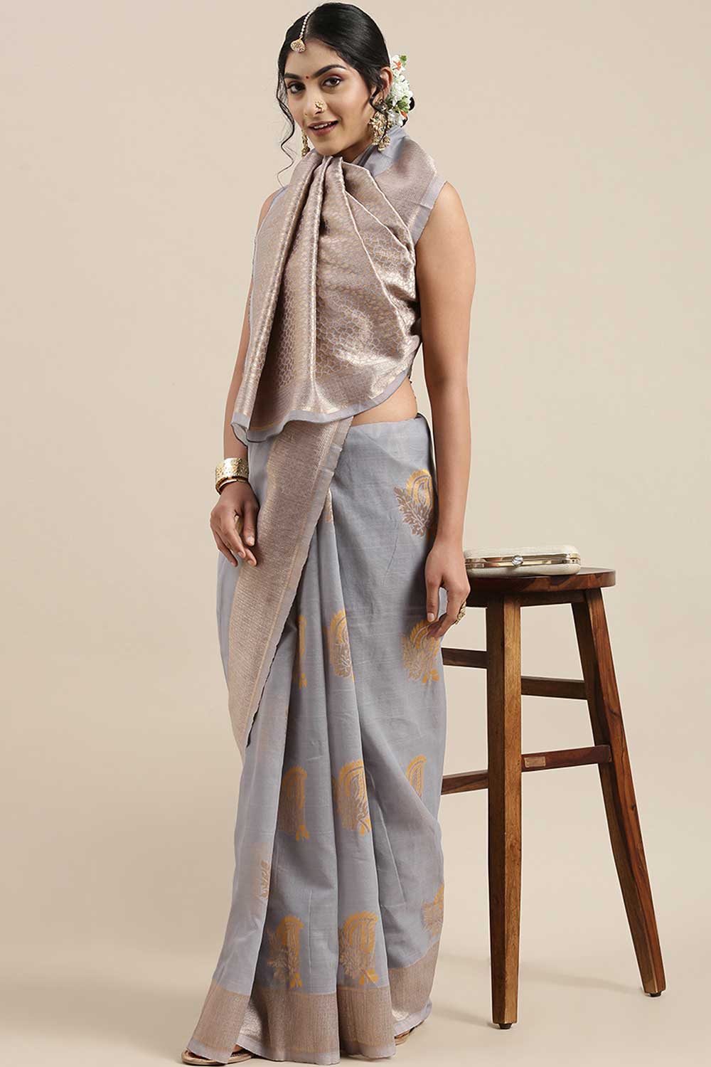 Linen Floral Woven Saree In Grey