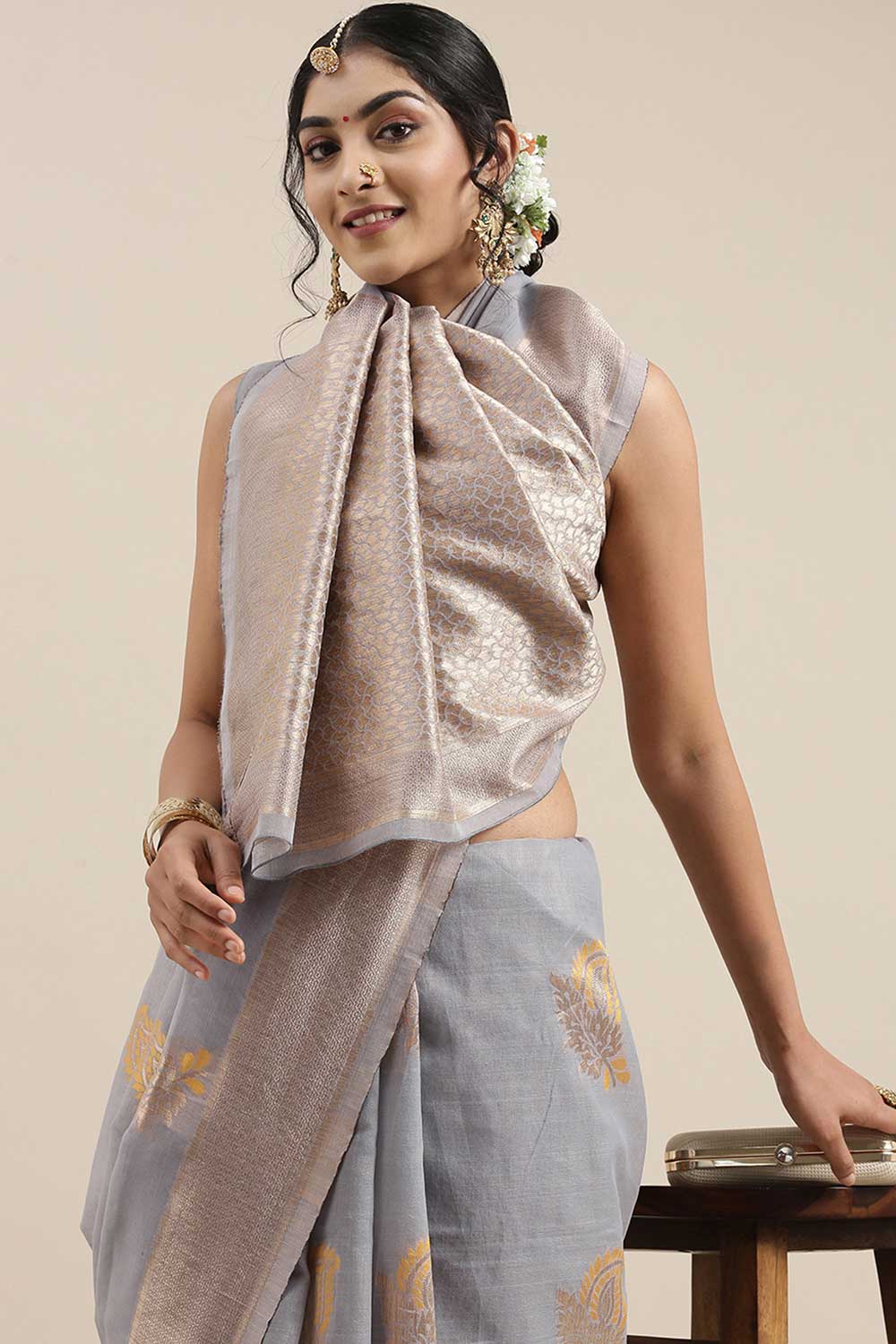 Linen Floral Woven Saree In Grey