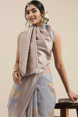 Linen Floral Woven Saree In Grey