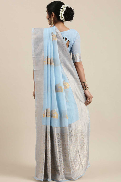 Linen Floral Woven Saree In Turquoise