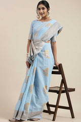 Linen Floral Woven Saree In Turquoise