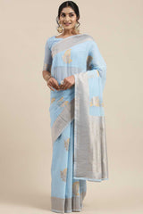 Linen Floral Woven Saree In Turquoise