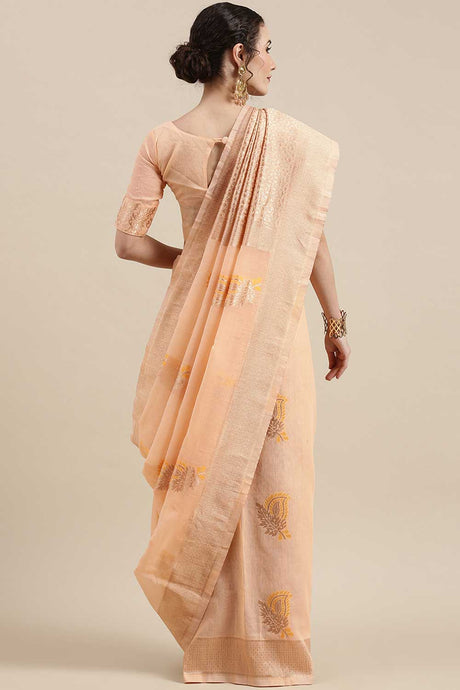 Linen Floral Woven Saree In Peach