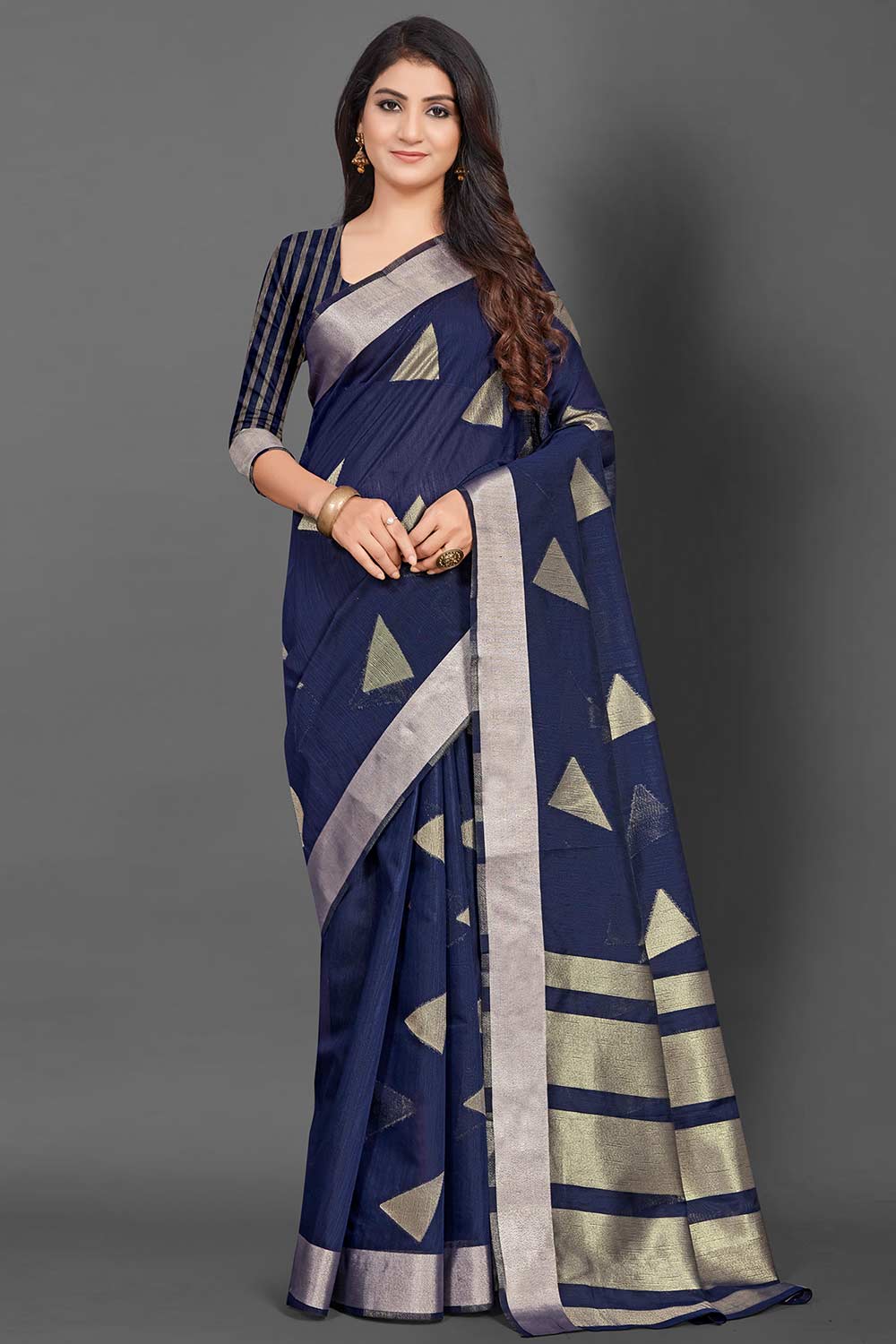 Linen Navy Blue Woven Design Celebrity Saree