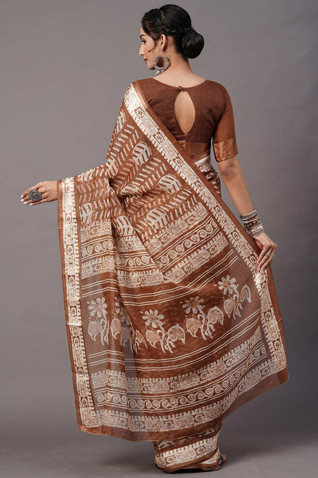 Cotton Blend Brown Printed Designer Saree
