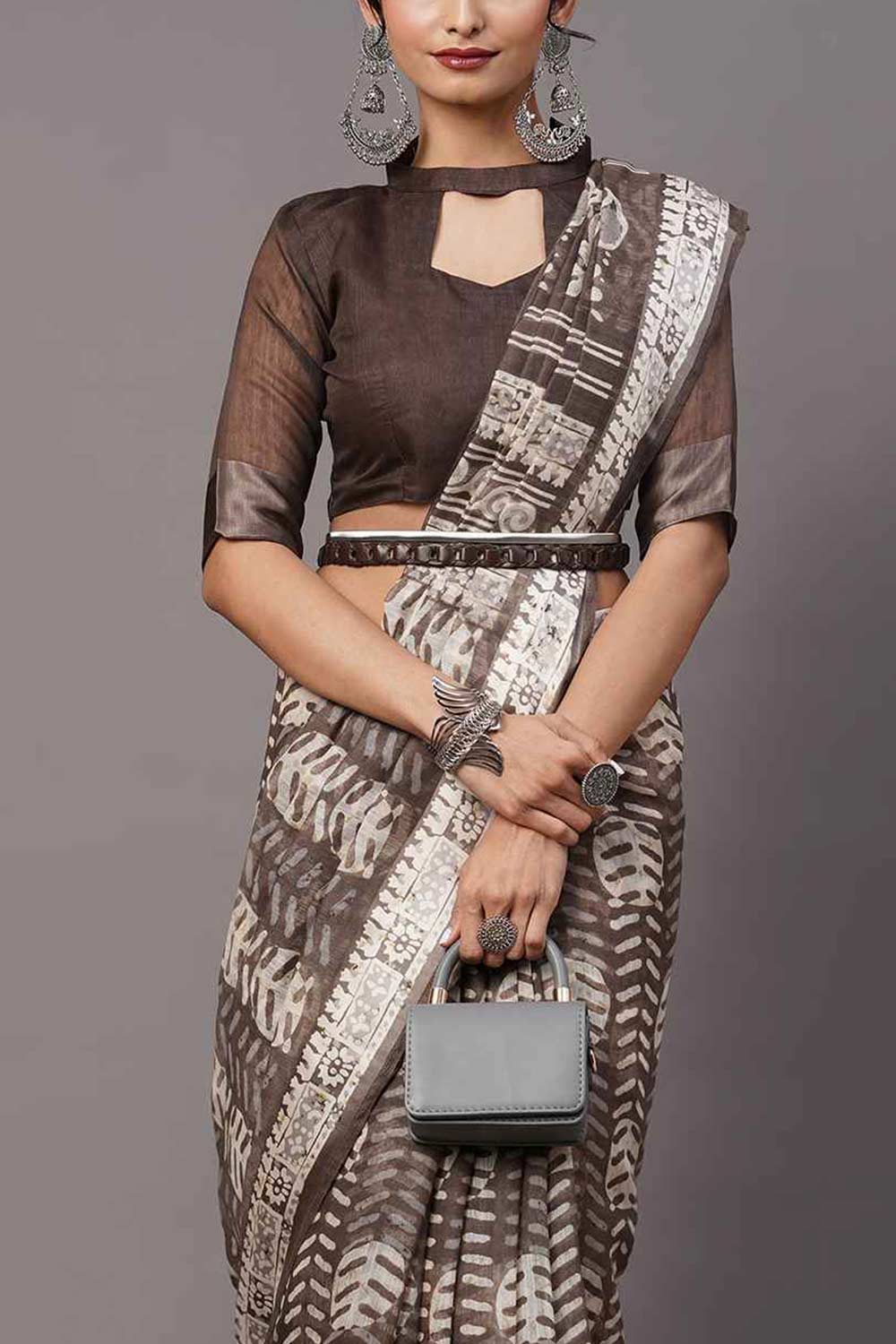 Cotton Blend Charcoal Grey Printed Designer Saree With Blouse