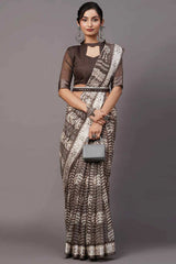 Cotton Blend Charcoal Grey Printed Designer Saree With Blouse