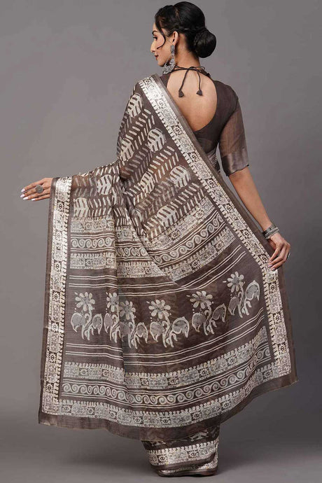 Cotton Blend Charcoal Grey Printed Designer Saree With Blouse