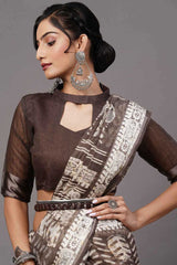 Cotton Blend Charcoal Grey Printed Designer Saree With Blouse