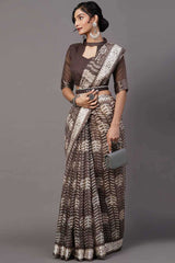 Cotton Blend Charcoal Grey Printed Designer Saree With Blouse