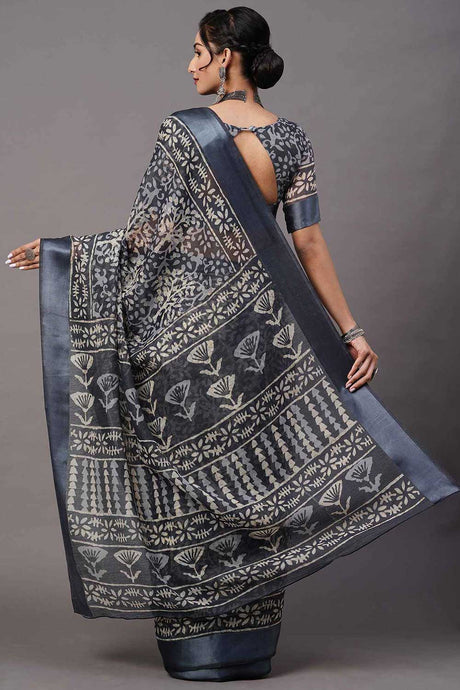Cotton Blend Grey Printed Designer Saree With Blouse