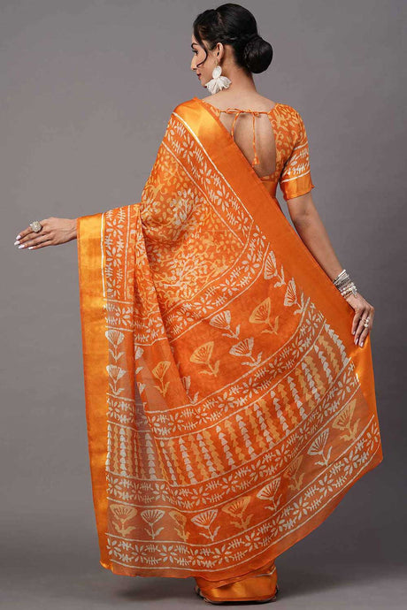 Cotton Blend Mustard Printed Designer Saree With Blouse