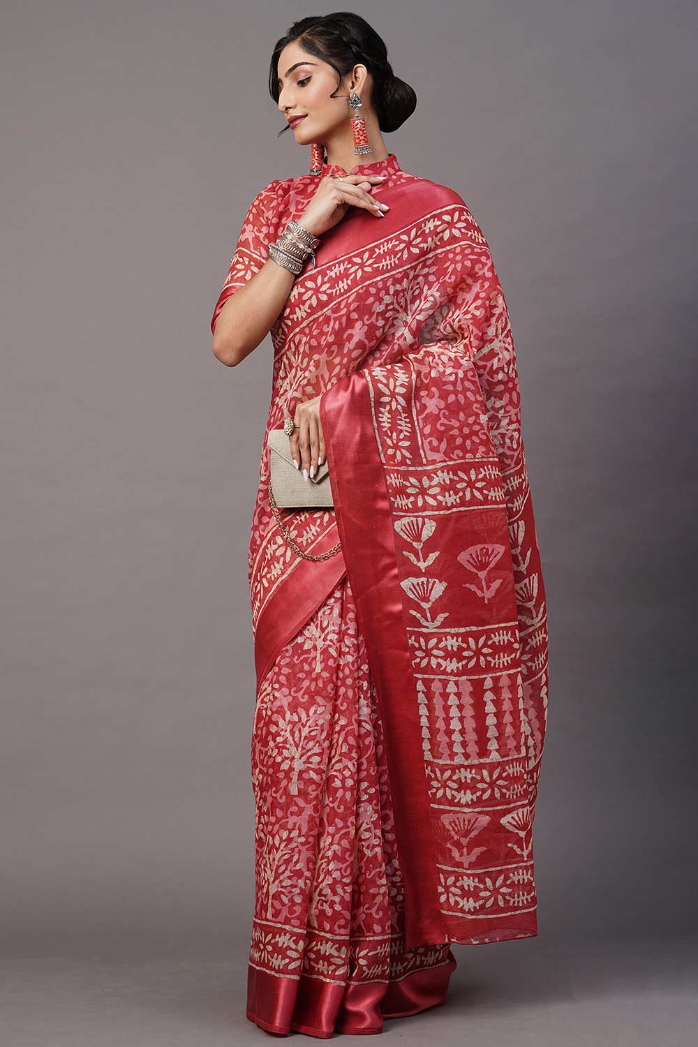 Cotton Blend Magenta Printed Designer Saree