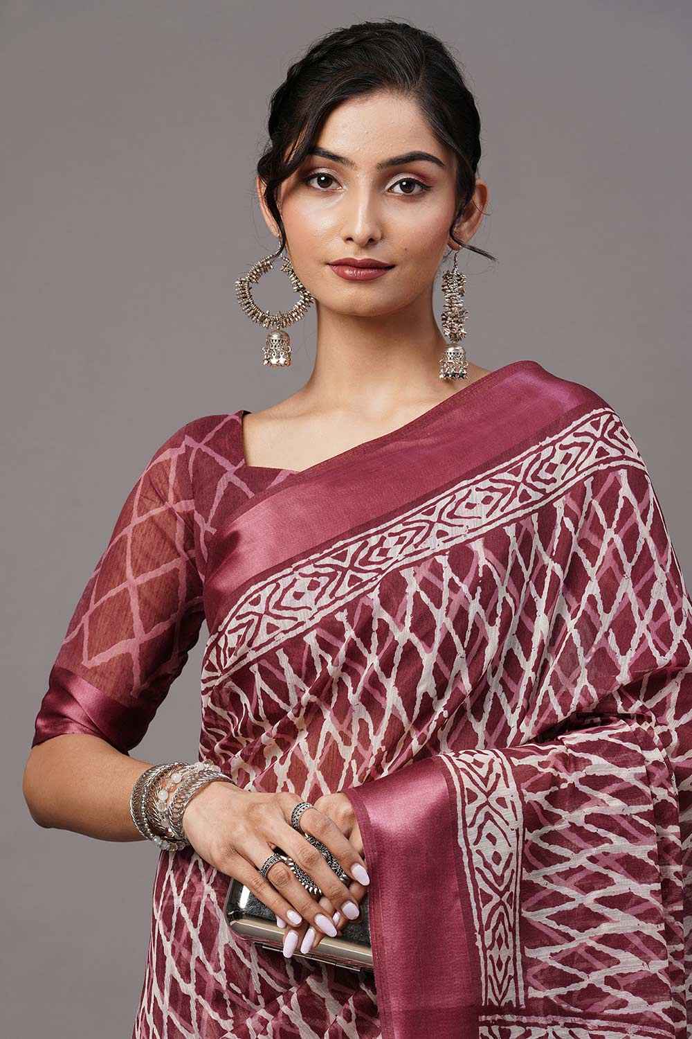 Cotton Blend Magenta Printed Designer Saree