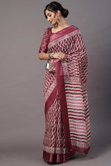 Cotton Blend Magenta Printed Designer Saree