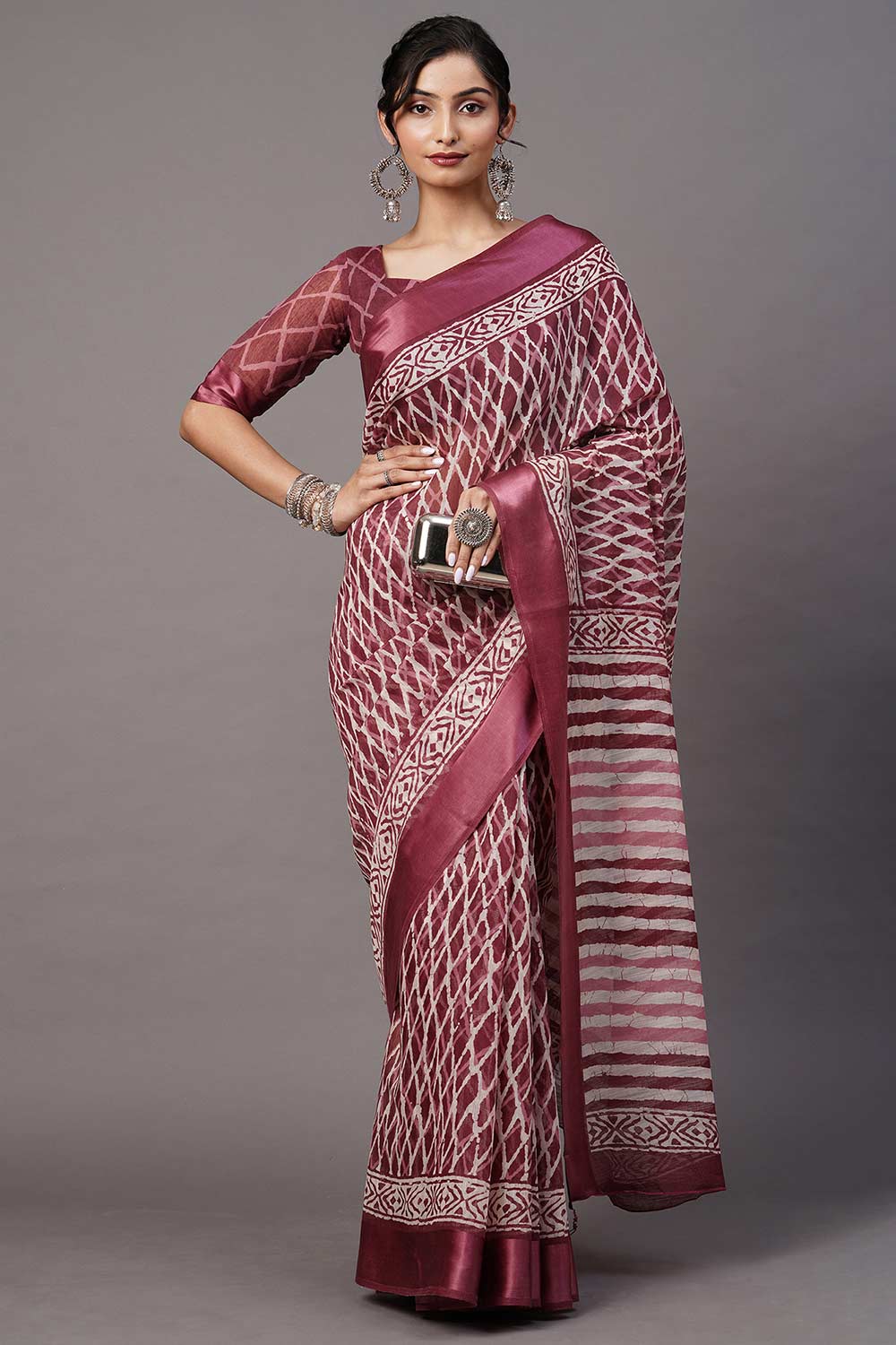 Cotton Blend Magenta Printed Designer Saree