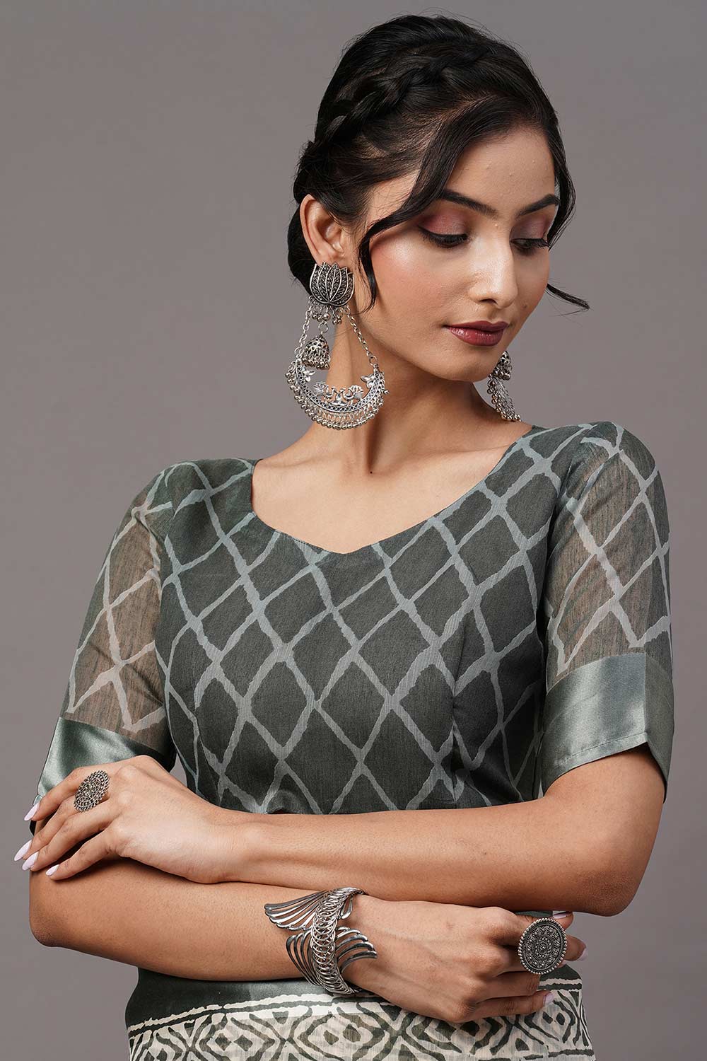 Cotton Blend Sea Green Printed Designer Saree