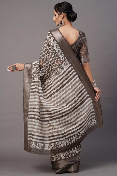 Cotton Blend Charcoal Grey Printed Designer Saree