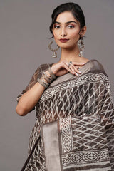 Cotton Blend Charcoal Grey Printed Designer Saree