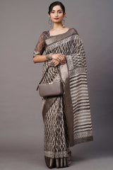 Cotton Blend Charcoal Grey Printed Designer Saree