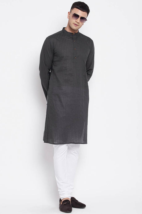Buy Men's Pure Cotton Thread Stripe Long Kurta in Dark Grey - Front