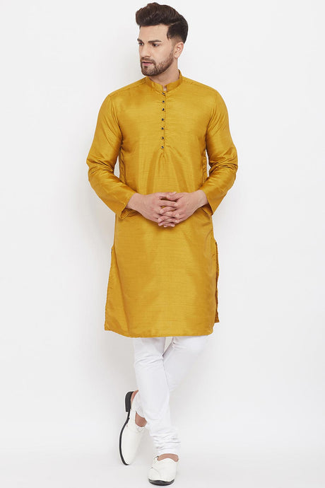 Buy Men's Polyester Solid Kurta in Yellow Online
