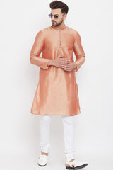 Buy Men's Polyester Solid Kurta in Peach - Back