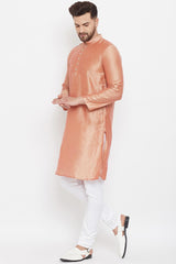 Buy Men's Polyester Solid Kurta in Peach - Front