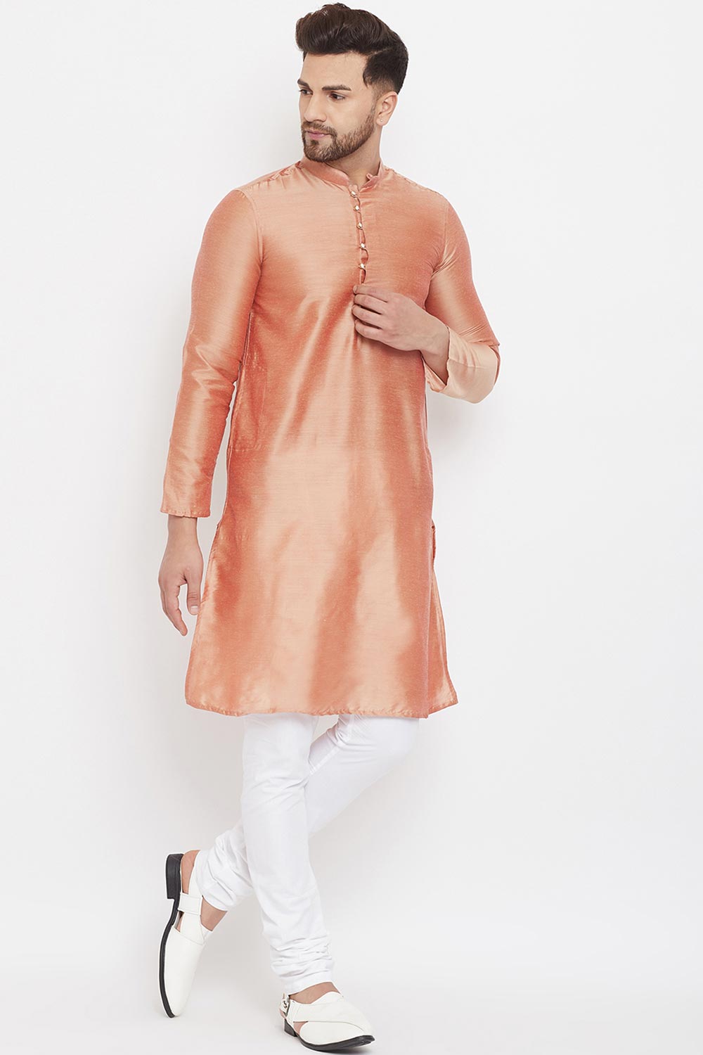 Buy Men's Polyester Solid Kurta in Peach - Side