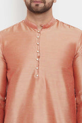 Buy Men's Polyester Solid Kurta in Peach - Zoom Out