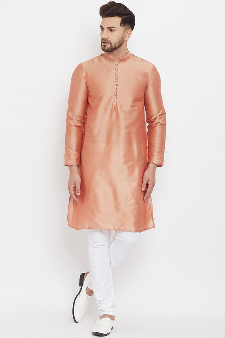 Buy Men's Polyester Solid Kurta in Peach Online