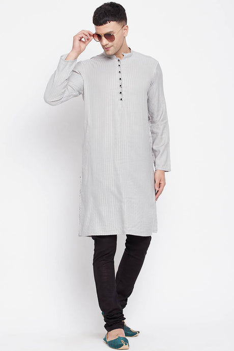 Buy Men's Rayon Thread Stripe Long Kurta in Light Grey - Front