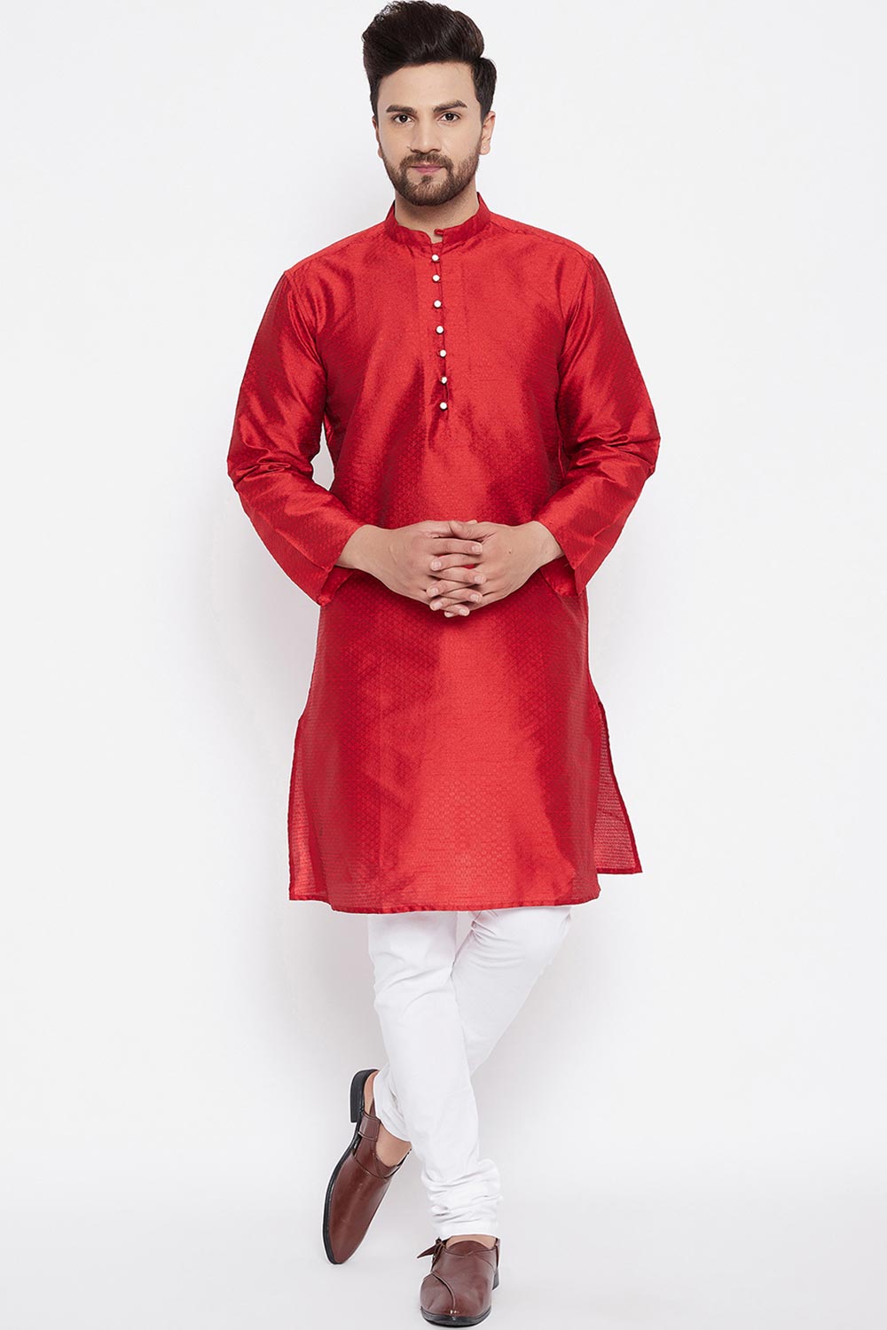 Buy Men's Dupion Art Silk Solid Kurta in Red