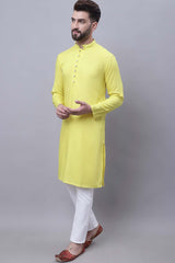 Buy Men's Yellow Cotton Self Design Long Kurta Top Online - Back